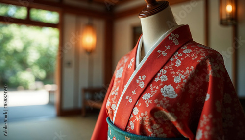 Close-up of a traditional Japanese kimono on a wooden mannequin photo