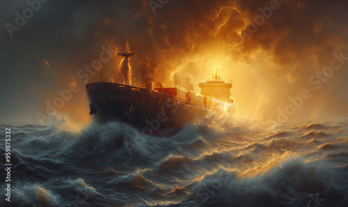 A cargo ship sails under a sunset sky during a stormy evening.