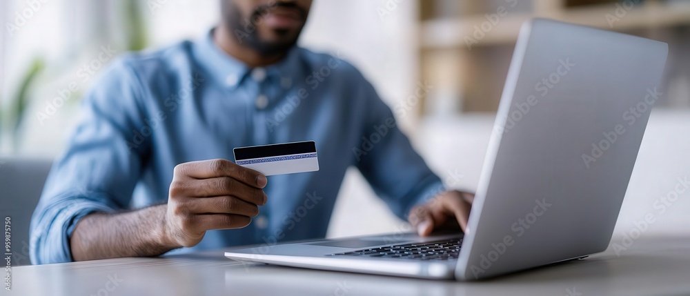 A man using a laptop and holding a credit card, focusing on online shopping and digital payment concepts.