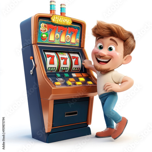 3D cartoon of a man playing a jackpot casino slot machine, against a solid white background