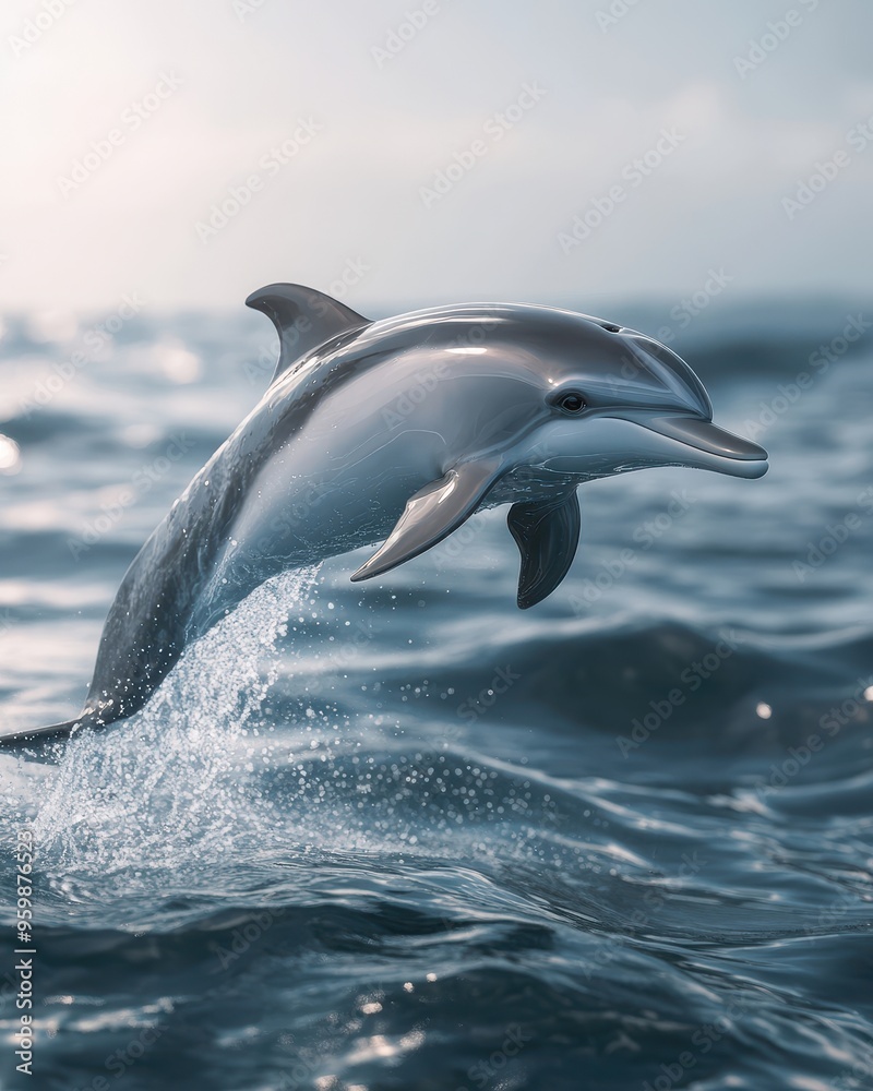 Fototapeta premium A vibrant dolphin leaps from the ocean, embodying grace and vitality amid sparkling waves, perfect for nature enthusiasts.