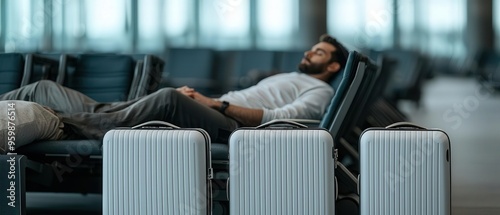 A traveler rests in an airport lounge, surrounded by luggage, showcasing relaxation amidst travel hustle. photo