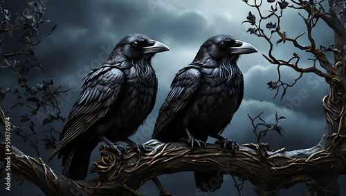 A detailed digital illustration of Odin's ravens, Huginn and Muninn, perched on branches, representing thought and memory, with copy space and dark environment background,  illustration style

 photo