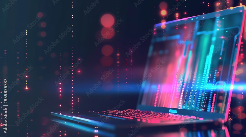 Closeup of the keyboard on an open laptop, with each key illuminated in different colors of the rainbow, creating a beautiful and colorful display Closeup of the keyboard on an open laptop, with each key illuminated in different colors of the rainbow, creating a beautiful and colorful display