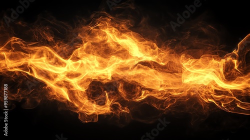 Dynamic blazing flames in motion on a dark background. Fiery abstract texture with intense, vivid colors resembling powerful energy.