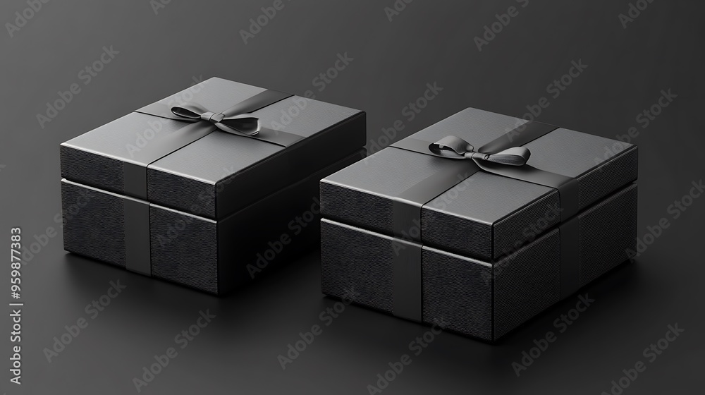 Two black gift boxes with black ribbon on black background.