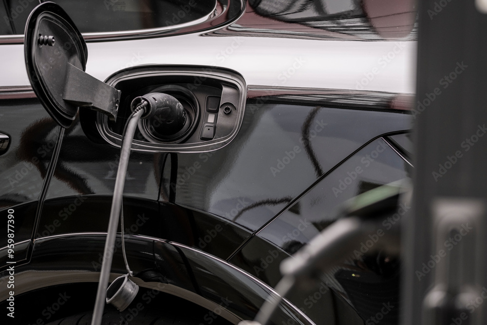 Close-up image showing an electric car being charged with a plug-in charger at a charging station, focusing on the technological and sustainable aspects of modern transportation. Close-up image showing an electric car being charged with a plug-in charger at a charging station, focusing on the technological and sustainable aspects of modern transportation.