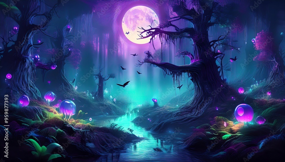 A mystical forest scene illuminated by a full moon, featuring vibrant glowing orbs, twisted trees, and dark water, creating an enchanting atmosphere.