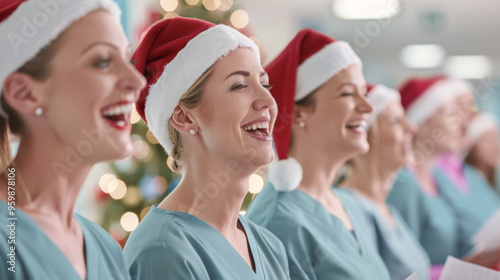 Nurses wearing Santa hats and singing during a festive holiday event. Captures the spirit of joy and community in a healthcare setting during Christmas photo