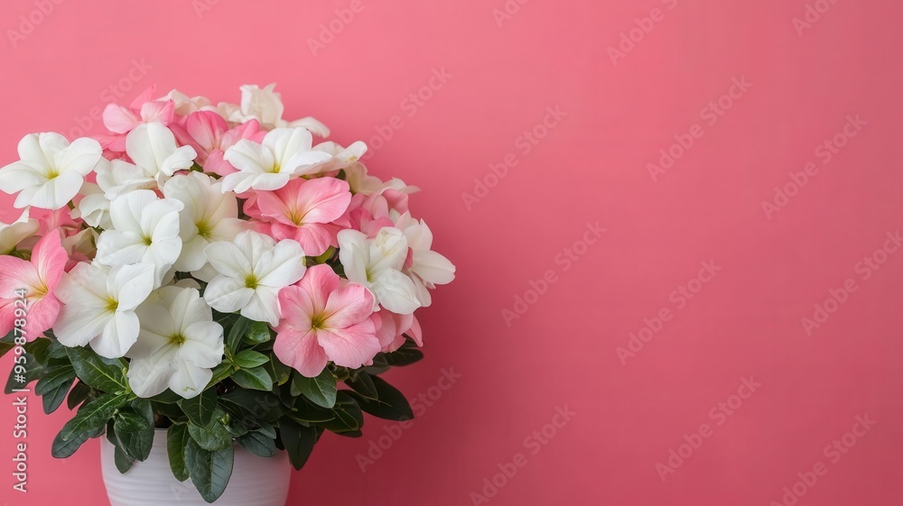 A vibrant bouquet of pink and white flowers in a pot against a soft pink background, perfect for decor and floral design. A vibrant bouquet of pink and white flowers in a pot against a soft pink background, perfect for decor and floral design.