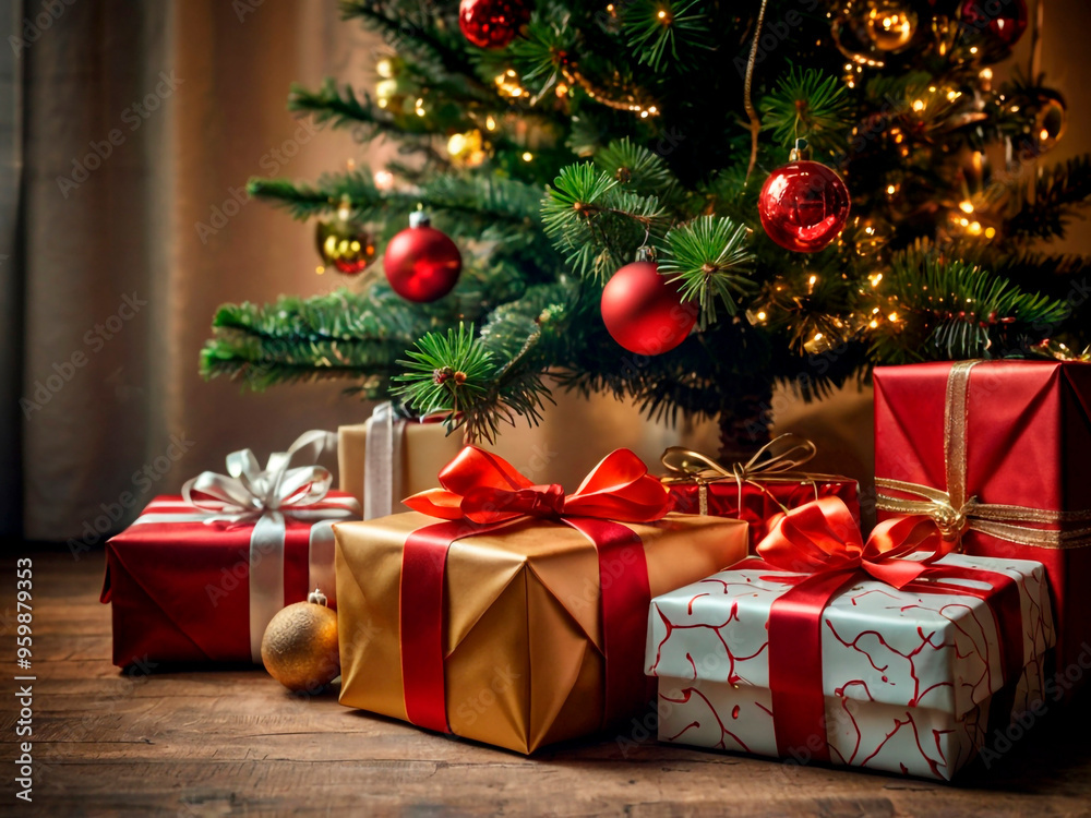 Christmas tree and presents on a wooden floor in front of the window Christmas tree and presents on a wooden floor in front of the window