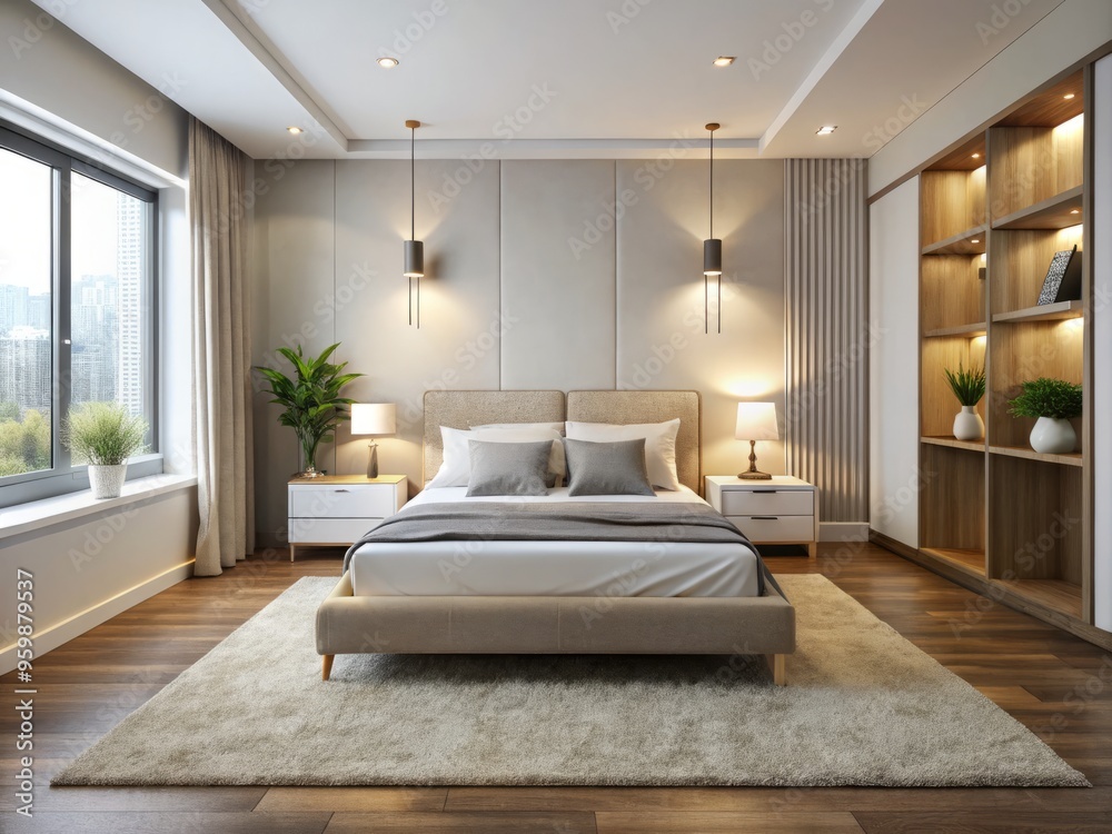 A serene modern bedroom sanctuary features a plush white bed and matching nightstand amidst a sea of soft, A serene modern bedroom sanctuary features a plush white bed and matching nightstand amidst a sea of soft,