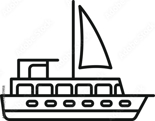Simple black and white line drawing of a passenger ship sailing across the ocean
