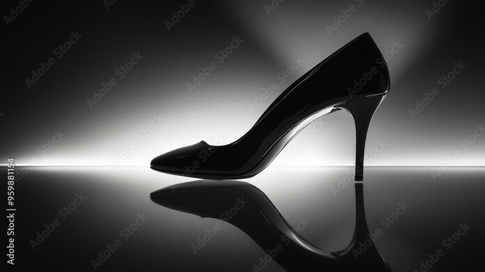 Black High Heel Shoe on a Reflective Surface. Black High Heel Shoe on a Reflective Surface.