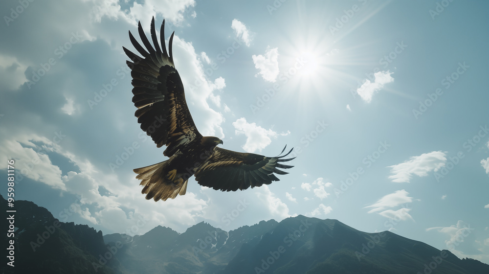 majestic eagle soaring through a bright blue sky with the sun shining in the background. majestic eagle soaring through a bright blue sky with the sun shining in the background.