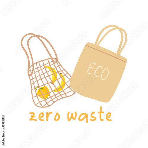 Set of eco bags, mesh bag, string bag, shopper. Zero waste, recycling. Plastic-free. Vector illustration, flat style.