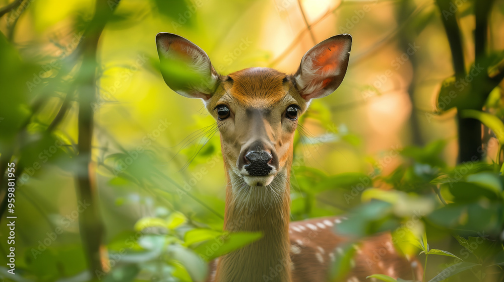 close-up shot of a deer standing amidst the lush greenery of a forest. close-up shot of a deer standing amidst the lush greenery of a forest.