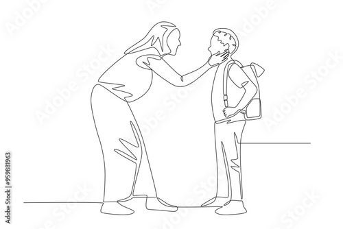 Mother strokes child's cheek before leaving for school. Saying goodbye to their children concept one-line drawing