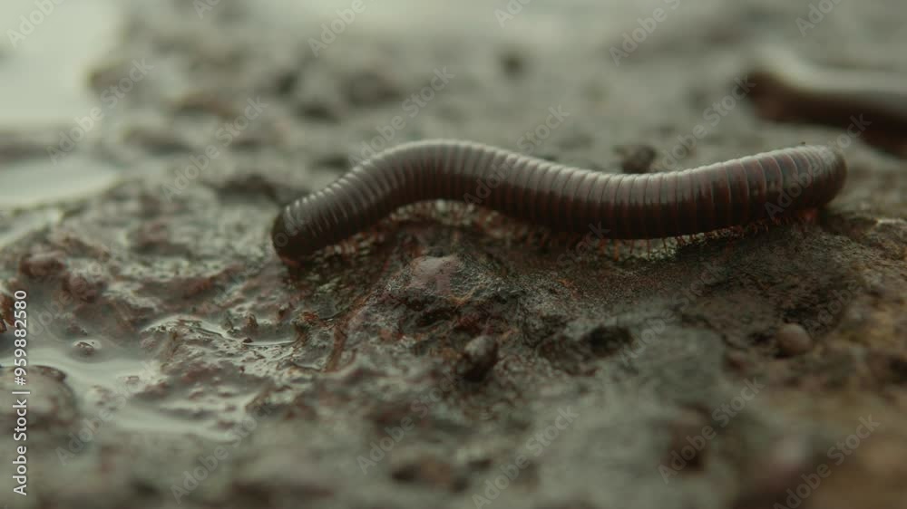 Close-up of an earthworm crawling across wet, muddy soil, navigating the uneven surface Close-up of an earthworm crawling across wet, muddy soil, navigating the uneven surface
