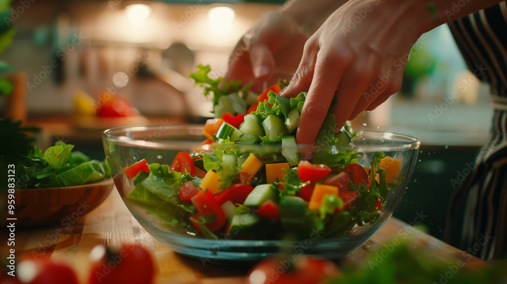 close-up scene of hands preparing a fresh salad in a bright, homey kitchen. close-up scene of hands preparing a fresh salad in a bright, homey kitchen.