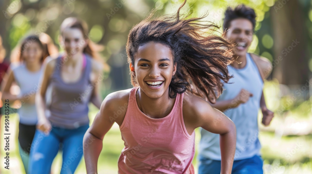 A joyful group of young people run through a vibrant park, enjoying a sunny afternoon and embracing the spirit of friendship and fun A joyful group of young people run through a vibrant park, enjoying a sunny afternoon and embracing the spirit of friendship and fun