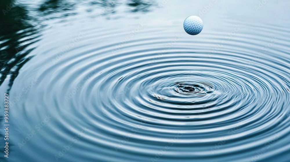 A serene image capturing a golf ball creating ripples in calm water, symbolizing tranquility and the delicate balance of nature. A serene image capturing a golf ball creating ripples in calm water, symbolizing tranquility and the delicate balance of nature.