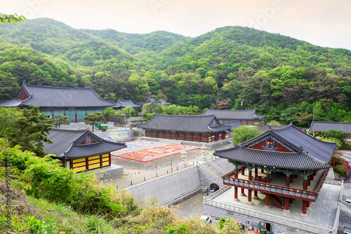 Cheonan-si, Chungcheongnam-do, South Korea - April 29, 2021: High angle and spring view of lotus lantern on yard and Daeungbojeon Hall at Gagwonsa Temple of Taejosan Mountain