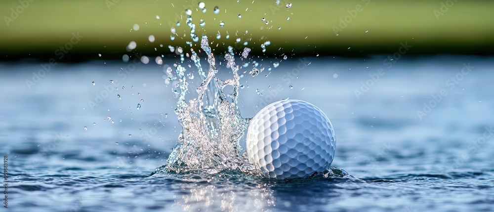 A close-up of a golf ball splashing into water, capturing the dynamic moment of play on the course. A close-up of a golf ball splashing into water, capturing the dynamic moment of play on the course.