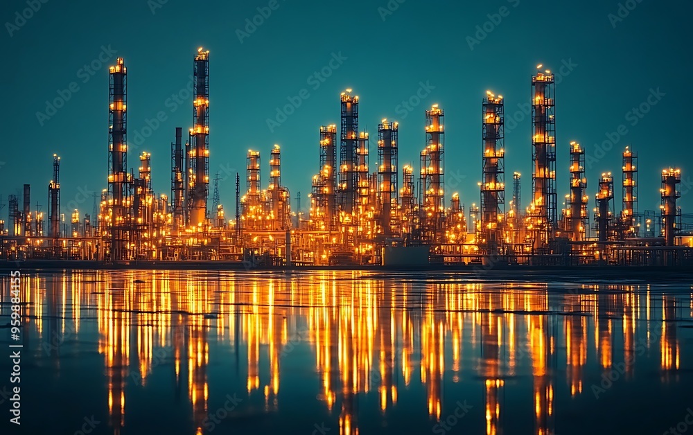 The Vibrant Glow of Industrial Power Plants Reflecting on Water at Night The Vibrant Glow of Industrial Power Plants Reflecting on Water at Night