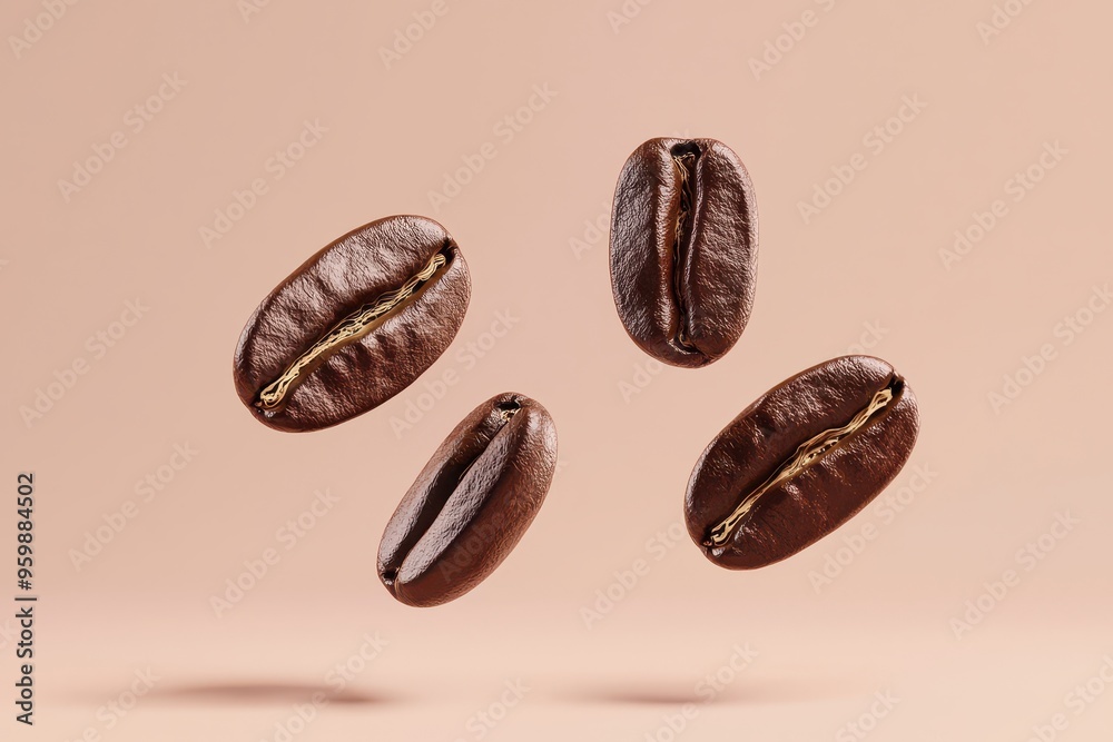 Four coffee beans in mid-levitation, flying through the air against a neutral beige background, showcasing texture and simplicity. Four coffee beans in mid-levitation, flying through the air against a neutral beige background, showcasing texture and simplicity.