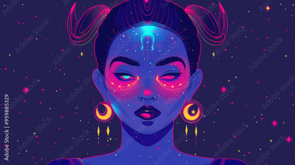 A vibrant illustration of a woman with radiant features set against a starry background, showcasing artistic expression and creativity A vibrant illustration of a woman with radiant features set against a starry background, showcasing artistic expression and creativity