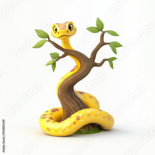 3D cartoon. A snake on the tree, on a solid white background