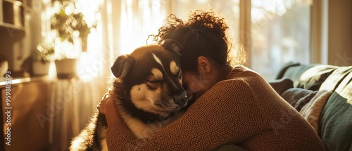 A woman embraces her dog in a sunlit room, capturing a tender moment of love and companionship between them. photo