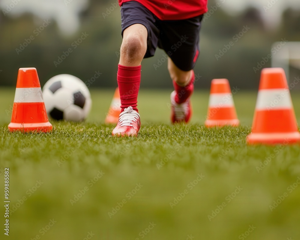 Obraz premium A young athlete training on the field, maneuvering around cones while developing soccer skills and enhancing agility.