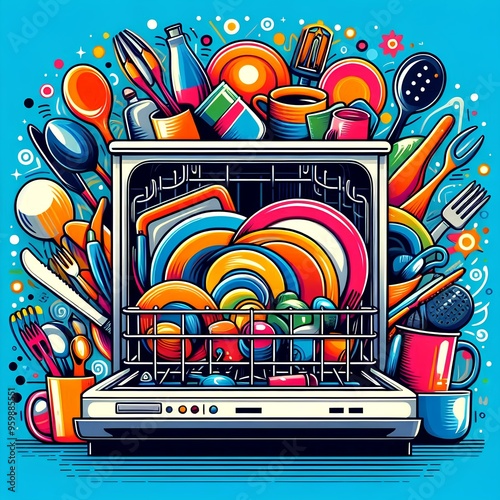 A colorful illustration showing an open dishwasher filled with various dishes, utensils, and containers.