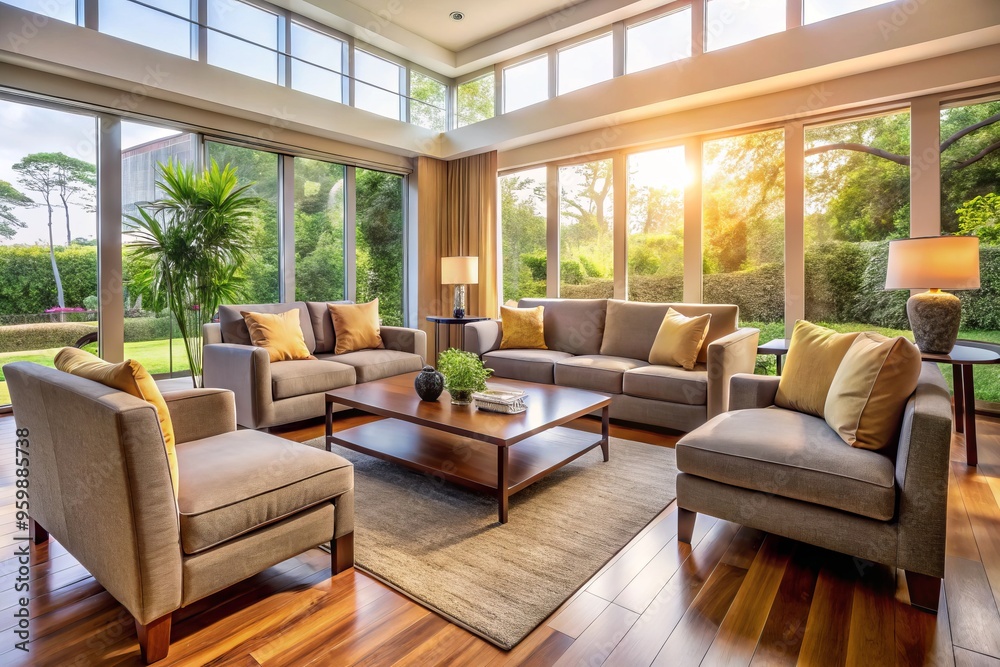 Fototapeta premium A spacious living room is transformed by a sleek and inviting sofa and matching armchairs, which soak up