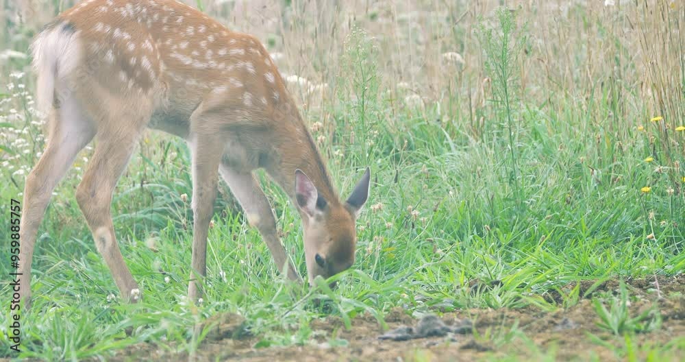 Japanese spotted deer or Hokkaido sika deer grazing in the foggy field. Japanese spotted deer or Hokkaido sika deer grazing in the foggy field.
