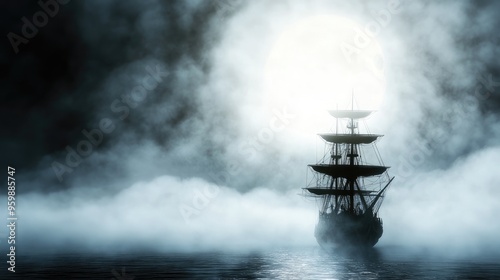 Phantom of a ghost ship sailing through a foggy, moonlit ocean