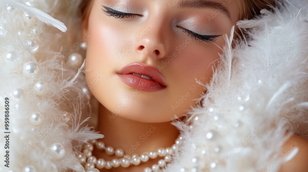Woman in a glamorous Hollywood starlet costume with a feathered boa and pearls Woman in a glamorous Hollywood starlet costume with a feathered boa and pearls