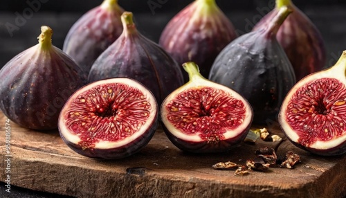 A close-up shot of ripe figs with detailed texture, some sliced open to reveal the juicy interior. Set on a rustic wooden board, this image highlights natural textures and freshness.