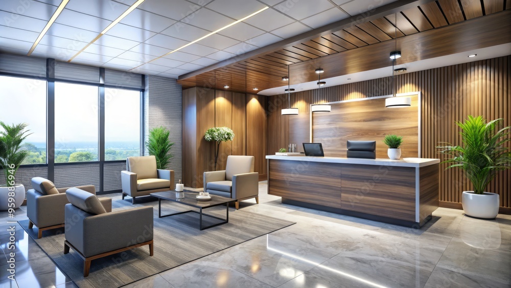 Modern reception area with sleek desk, comfortable chairs, and a stylish waiting area Modern reception area with sleek desk, comfortable chairs, and a stylish waiting area