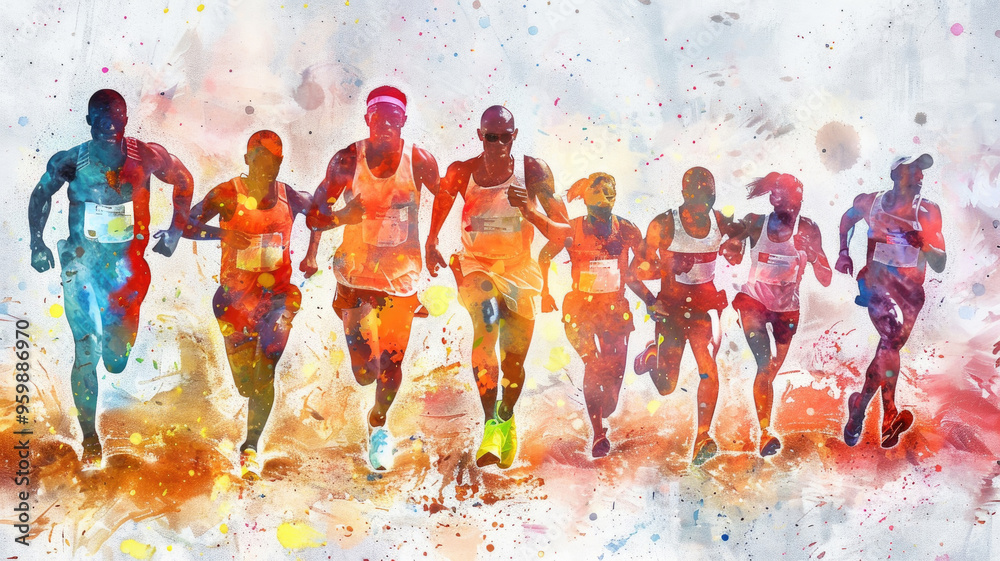 Obraz premium A group of runners dashes forward energetically, showcasing determination while competing in a vibrant marathon under a clear sky