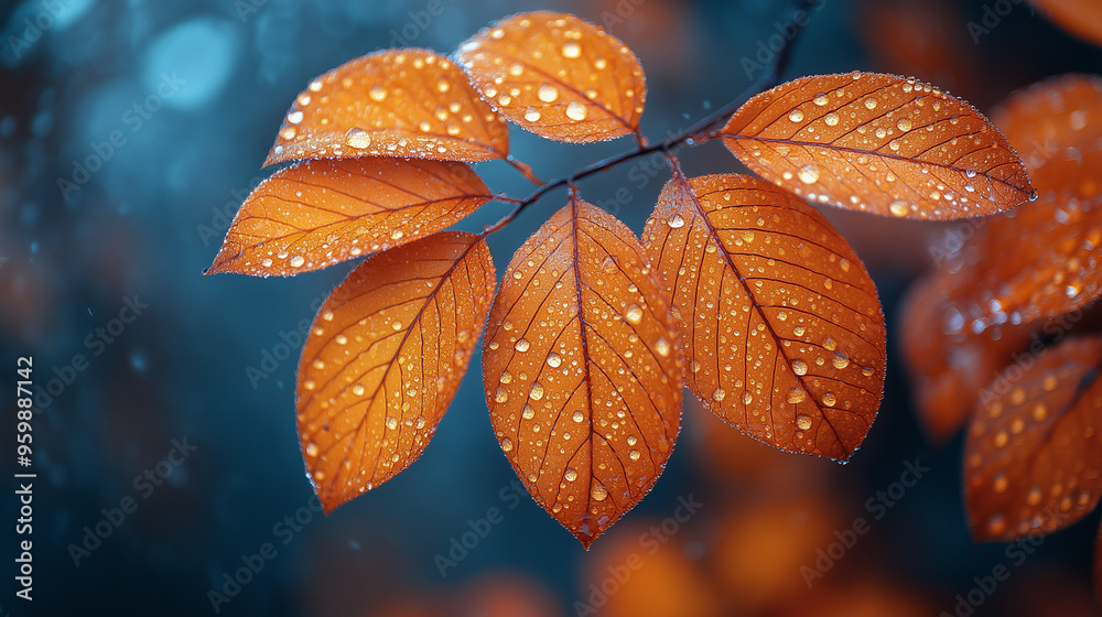 Drooping red leaves, covered with dew, close-up Drooping red leaves, covered with dew, close-up
