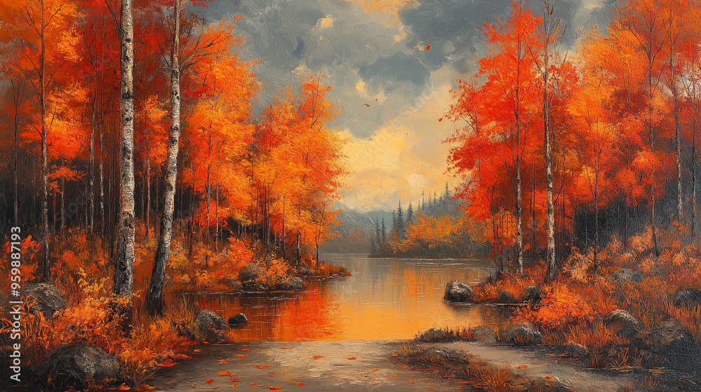 Beautiful autumn landscape with fog over lake, bright trees reflection in water Beautiful autumn landscape with fog over lake, bright trees reflection in water