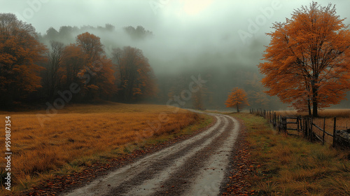 Big Plane tree with fallen leaves in the mist on cold autumn day