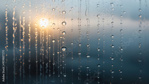 Sunlight shining through raindrops on a window, A moody scene with raindrops on a window photo