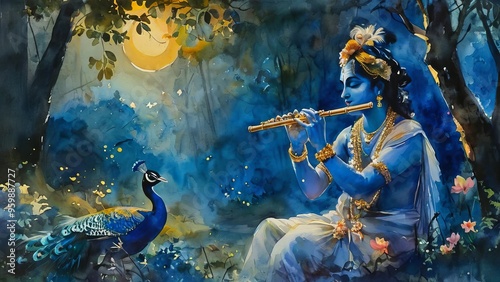 Krishna playing flute at night in forest in watercolor painting style  new beautiful stock image illustration AI