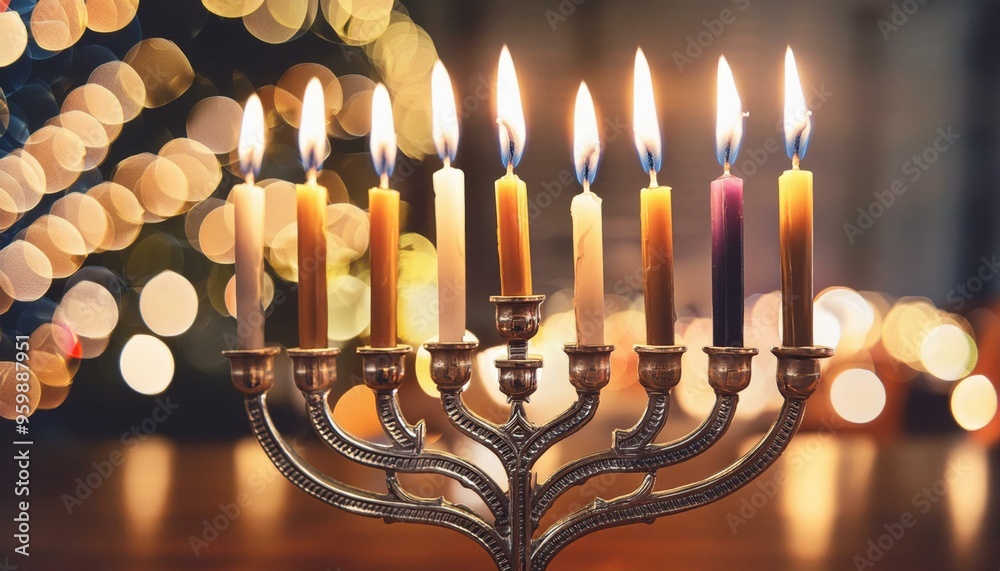 Candles are lit on a silver menorah with a christmas tree in the background, hanukkah holiday Candles are lit on a silver menorah with a christmas tree in the background, hanukkah holiday