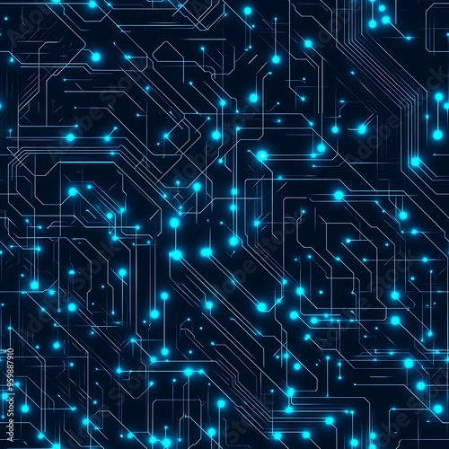 Abstract circuitry with blue glowing lines on a dark background, perfect for technology-themed designs and digital art.