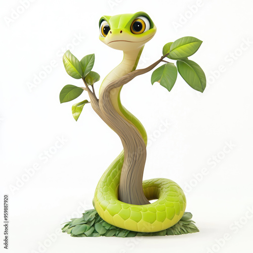 3D cartoon. A snake on the tree, on a solid white background